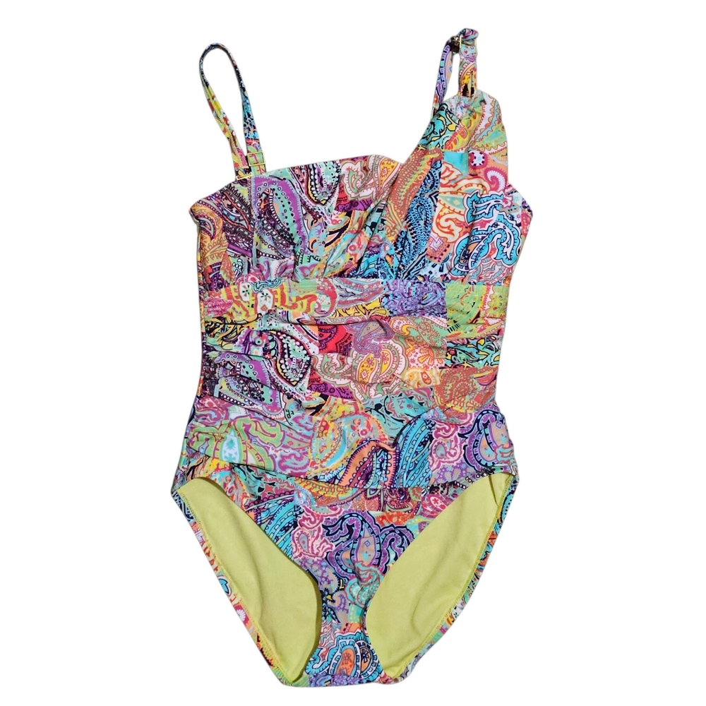 Bleu by Rod Beattie Paisley Print One Shoulder Swimsuit Womens 8